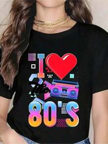 100% Cotton I Love The 80s Retro T-Shirt For Women, Vintage Style Graphic Tee With Boombox And Heart Design, Perfect For 80s Theme Parties, Halloween, Birthdays Or Everyday Wear, Soft 180g Unisex Casual Top - 黑色 - 查看 12