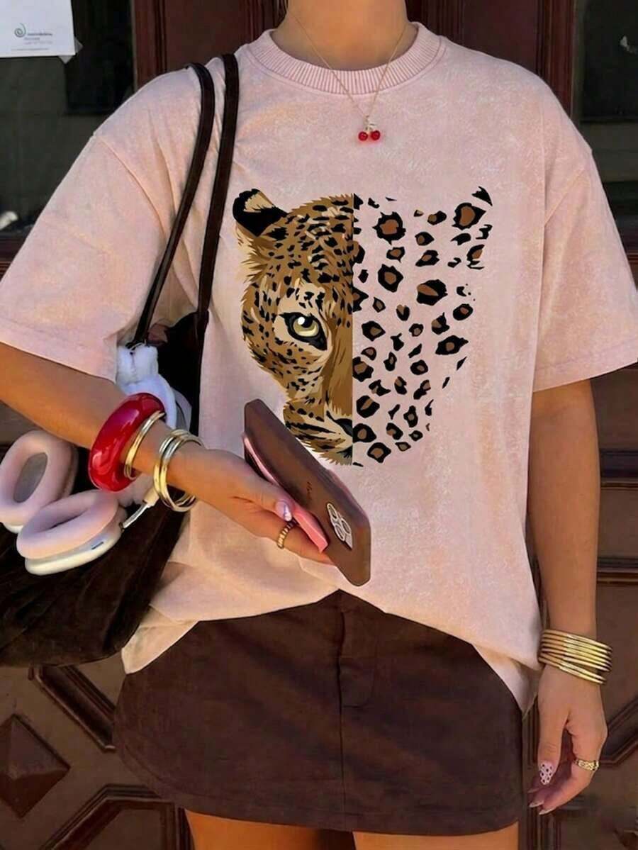 Nueva blusa de verano con estampado de cara de leopardo vintage, cuello redondo, teñido anudado y manga corta.Elegante y versátil para mujer. - Rosa - Ver 1