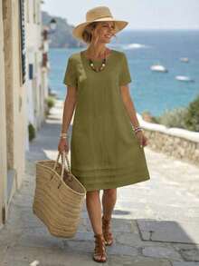 Vestido casual recto de unicolor, cuello redondo, manga corta para mujer, de verano - Verde - Ver 1