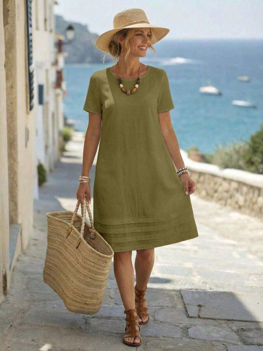 Vestido casual recto de unicolor, cuello redondo, manga corta para mujer, de verano - Verde - Ver 1