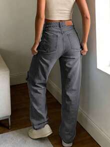 Jeans rectos de talle alto para mujer con efecto desgastado, tela delgada sin estiramiento, elegante estilo casual retro Y2K para exteriores, adecuado para primavera/verano, gris claro, nueva llegada 2026 - Gris Oscuro - Ver 2