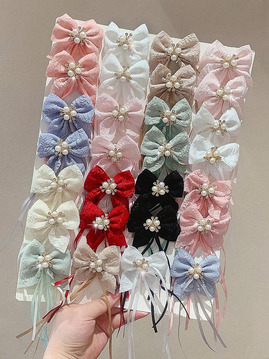 8 pièces Clips à cheveux avec nœud en tissu texturé multicolore aléatoire, perle et strass. Accessoires de cheveux de style coréen mignons pour le port quotidien et les fêtes - Multicolore - Voir 1