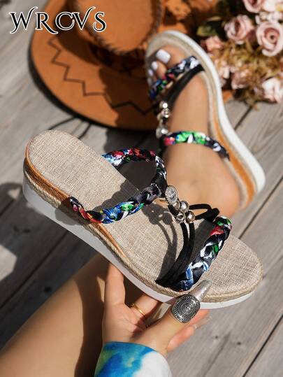 WRCVS Giày sandal quai ngang dệt màu đen dành cho nữ, sandal đế dày đế cao mùa hè, đế dệt thủ công đính hạt với họa tiết hoa ngẫu nhiên, sandal đế xuồng phong cách bohemian nhẹ nhàng cho kỳ nghỉ.