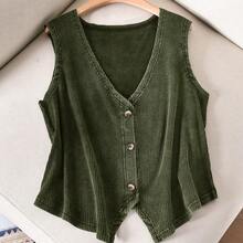 Cosyjoi Plus Size Women V-Neck Single-Breasted Casual Tank Top - Beis - Ver 4