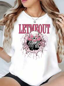 A Skull Emerges From Pink Cracks With Electric Energy, Expressing Inner Strength And Rebellion. A Modern, Casual, Short-Sleeved Women's T-Shirt, Comfortable For Everyday Wear. - 白色 - 查看 8