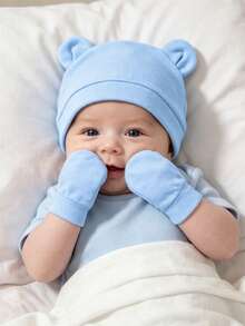 Bộ 1 mũ bệnh viện cho trẻ sơ sinh có tai dễ thương, mũ len dệt kim unisex cho bé 0-3 tháng và bộ găng tay chống trầy xước. - 1 bộ - Xem 2