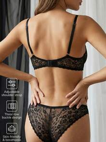 2pcs Comfortable, Soft, Lace & Sexy Women's Bra Set With Adjustable Straps, Daily Wear - Black - View 4
