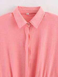 Conjunto de 2 piezas para mujer, unicolor, blusa casual holgada con cuello vuelto y cordón, manga 7/8 + pantalones de pierna ancha con cintura elástica, para verano - Rosa - Ver 8
