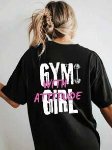 Plus Size T-Shirt With Round Neck, Short Sleeves And Letter Print, Summer T-Shirt - Black - View 1