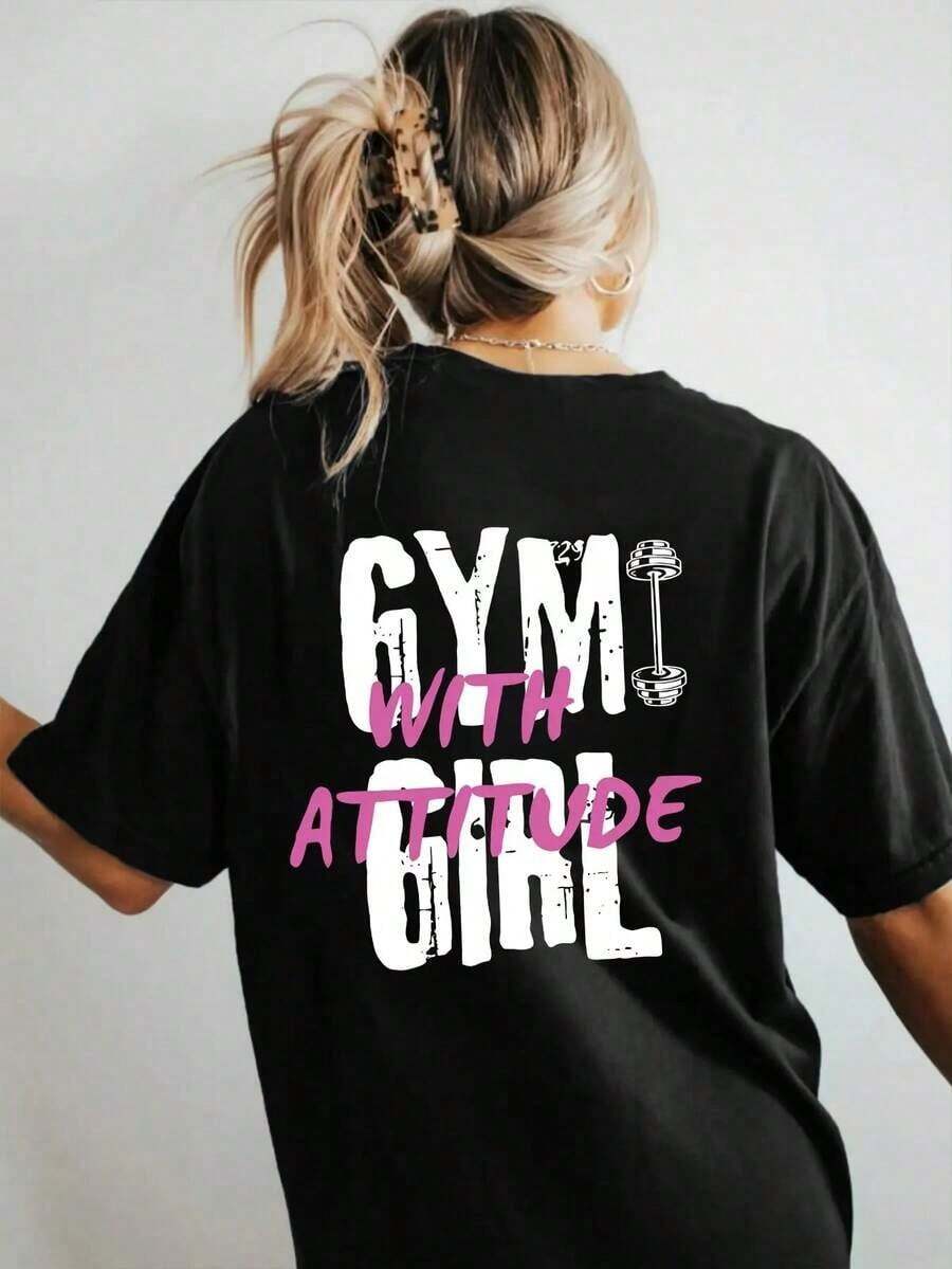 Plus Size T-Shirt With Round Neck, Short Sleeves And Letter Print, Summer T-Shirt - Black - View 1