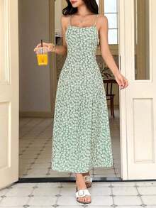 Vestido de playa con tirantes finos y estampado floral ditsy negro para mujeres - Verde - Ver 3