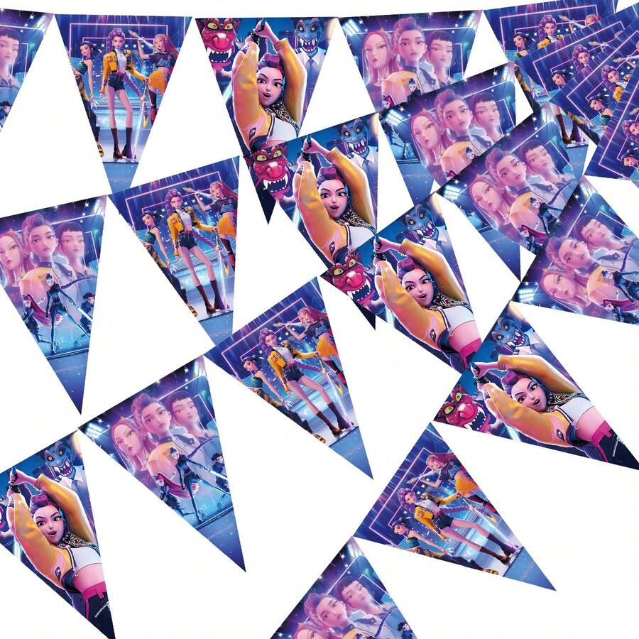 1 Set de Banderines Triangulares con Temática K-POP. Impreso con Patrones de Dibujos Animados de Grupo de Caza de Brujas & Demonios, Ideal para Decoración de Fiestas y Regalos. Estilos & Paquetes Aleatorios. - Multicolor - Ver 1