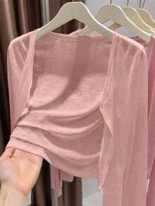 Cárdigan casual de mujer de unicolor y peso ligero, para primavera/verano - Rosa - Ver 4