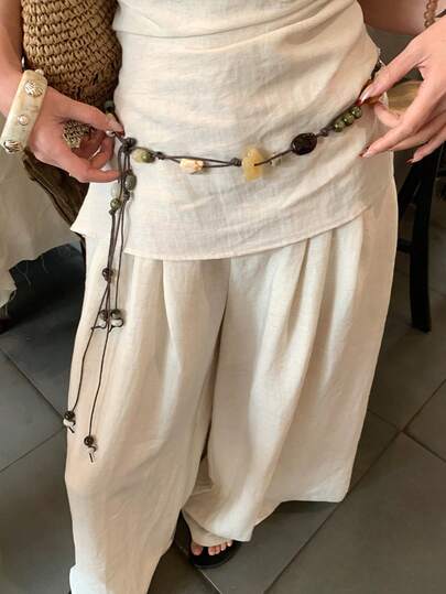 1 adet Çok Renkli Kadın Polyester Bohem Tarzı Retro Boncuklu Bel İpi Dekoratif Bağlama Kemeri