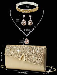 Túi xách dự tiệc sang trọng lấp lánh đính sequin dành cho nữ, túi nắp gập kim loại hình chữ V, túi thư thời trang dự tiệc, túi xách dạ hội cho nữ, túi xách cô dâu dự tiệc, túi xách dự tiệc, bộ trang sức kim cương lấp lánh sang trọng, bộ dây chuyền, bông tai và vòng tay, phù hợp để phối cùng váy dạ hội lấp lánh, váy cưới và váy dự tiệc. - Vàng - Xem 3