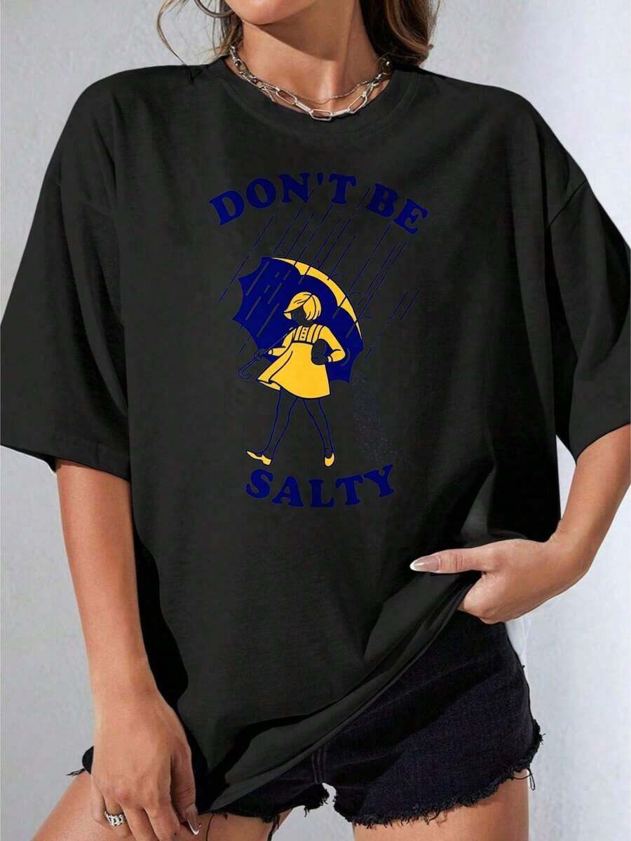 Girls' Cotton T-Shirt, Plus Size White T-Shirt With 'Don't Be Salty' Print And Girl Holding An Umbrella For Casual Wear, Outdoor Party, 180g Casual Printed T-Shirt - 黑色 - 查看 1