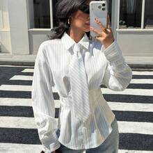 Chic Women's Pinstripe Tie Neck Blouse With Collared Neck And Long Sleeves Perfect For Work Or Dressy Everyday Style Long Sleeved Shirt Striped Shirt Vintage Shirt Collar Shirt White Top White Blouse Spring - Blanco - Ver 5