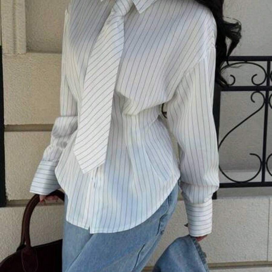 Chic Women's Pinstripe Tie Neck Blouse With Collared Neck And Long Sleeves Perfect For Work Or Dressy Everyday Style Long Sleeved Shirt Striped Shirt Vintage Shirt Collar Shirt White Top White Blouse Spring - Blanco - Ver 1