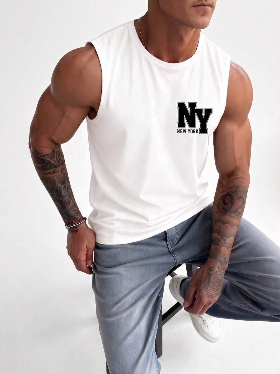 ZYNTH BALENO 男士时尚“NY”印花无袖背心，凉爽夏日必备单品 - 白色 - 查看 1