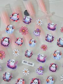 1pc Colorful Flower Ghost Nail Stickers, Self-Adhesive Disposable Embossed Nail Art Decals, Cute Style Nail Art Stickers, Suitable For Holiday Party, Cartoon Pattern - Multicolor - View 3