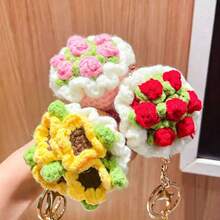 1个迷你钩针玫瑰花束钥匙扣，手工编织花朵钥匙圈，情人节、毕业典礼、婚礼、送给闺蜜、女友、周年纪念日的理想礼物 - 彩色 - 查看 1