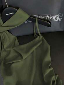 de tirantes asimétrica plisada en la cintura de unicolor, elegante y casual, ideal para primavera/verano, paseos, vacaciones, tardes de té, San Valentín, bodas y fiestas - Verde militar - Ver 4