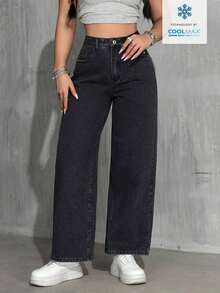 Jeans rectos y sueltos de color liso clásico informal - Negro 2 - Ver 5