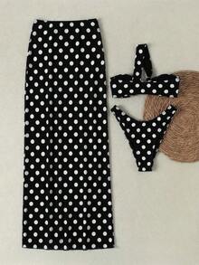 Conjunto de traje de baño de 3 piezas para mujer, con camiseta sin mangas de estilo casual y elegante con estampado de lunares en blanco y negro, bikini con tanga y volantes con lazo y abertura alta, esencial para la playa, vacaciones y fiestas - Blanco y Negro - Ver 3