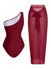 Swim Oasis Traje de baño de una pieza con panel de malla fruncida de unicolor y falda pareo - Burdeos - Ver 2