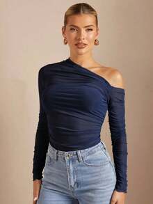 Camiseta Ajustada De Cuello Asimétrico Y Con Pliegues Y Perspectiva Para Mujeres - Azul marino - Ver 7