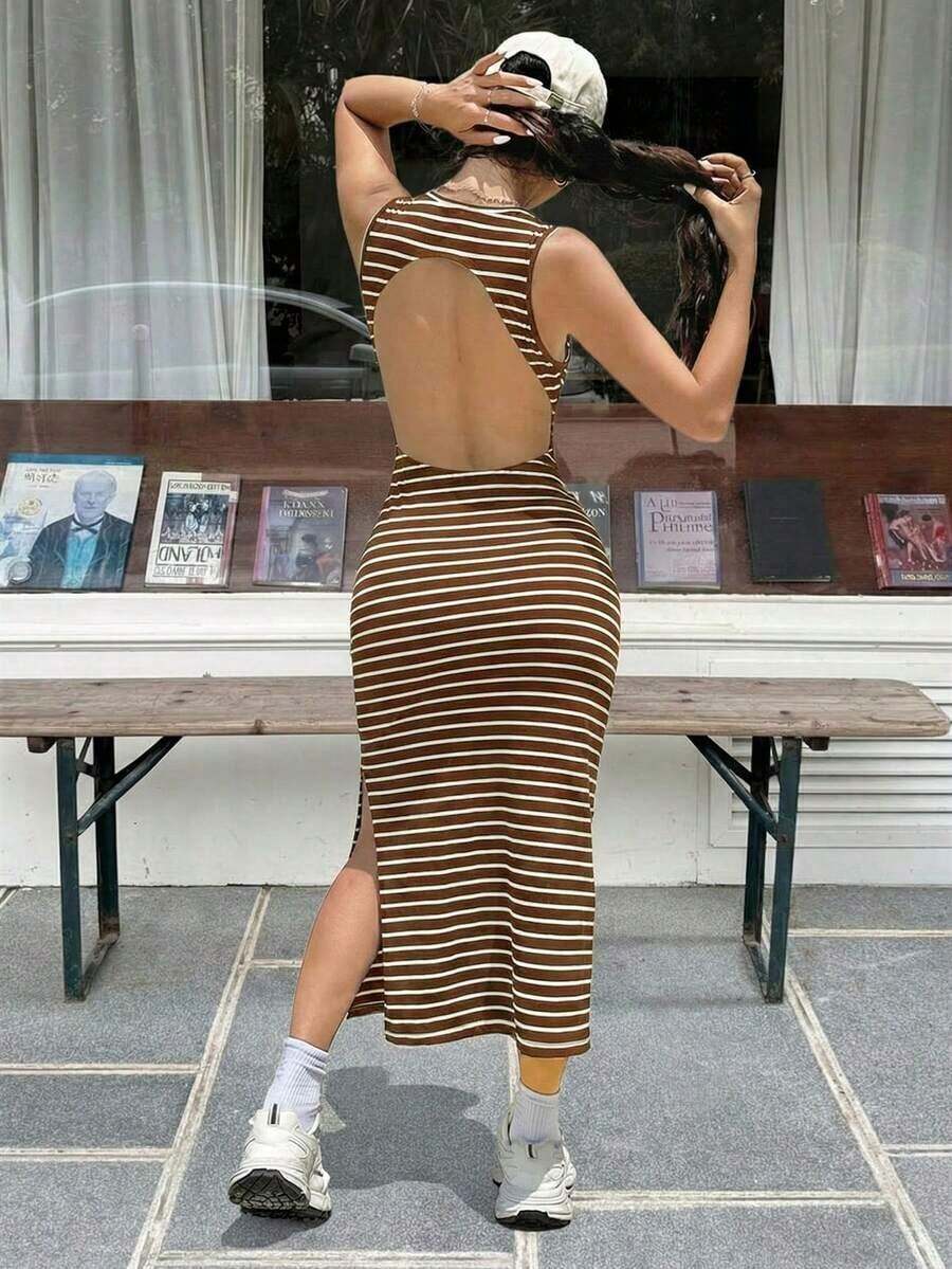 Vestido sin espalda con aberturas laterales y rayas para mujer - Marrón - Ver 1