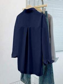 Camisa casual de mujer de un solo pecho de manga larga con hombros caídos y unicolor - Azul marino - Ver 2