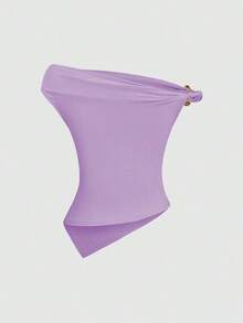 Conjunto de 3 piezas de moda europea y americana para mujer en unicolor, con decoración metálica, dobladillo retorcido y dobladillo asimétrico, camiseta casual y versátil para uso diario - Multicolor 10 - Ver 4