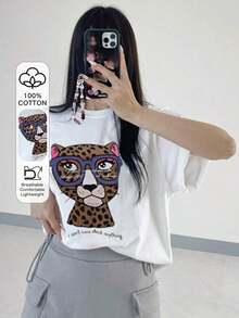Camiseta de mujer con estampado grande de retrato de leopardo, cuello redondo suelto, manga corta, color blanco, camiseta gráfica oversize de primavera/verano - Blanco - Ver 1