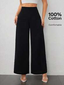 Pantalones anchos de cintura alta con textura, moda casual sencilla para la temporada de vuelta al colegio, estilo de dinero viejo para ir y venir - Negro - Ver 12