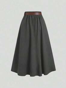 Sweetro Falda de ante marrón café con diseño de solapa única para mujer, otoño/invierno - Gris Oscuro - Ver 2