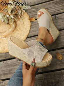 Foot Flair 女士米色编织带凉鞋，夏季厚底坡跟绳底编织鞋，轻便度假波西米亚风厚底户外凉鞋 - 米色 - 查看 6