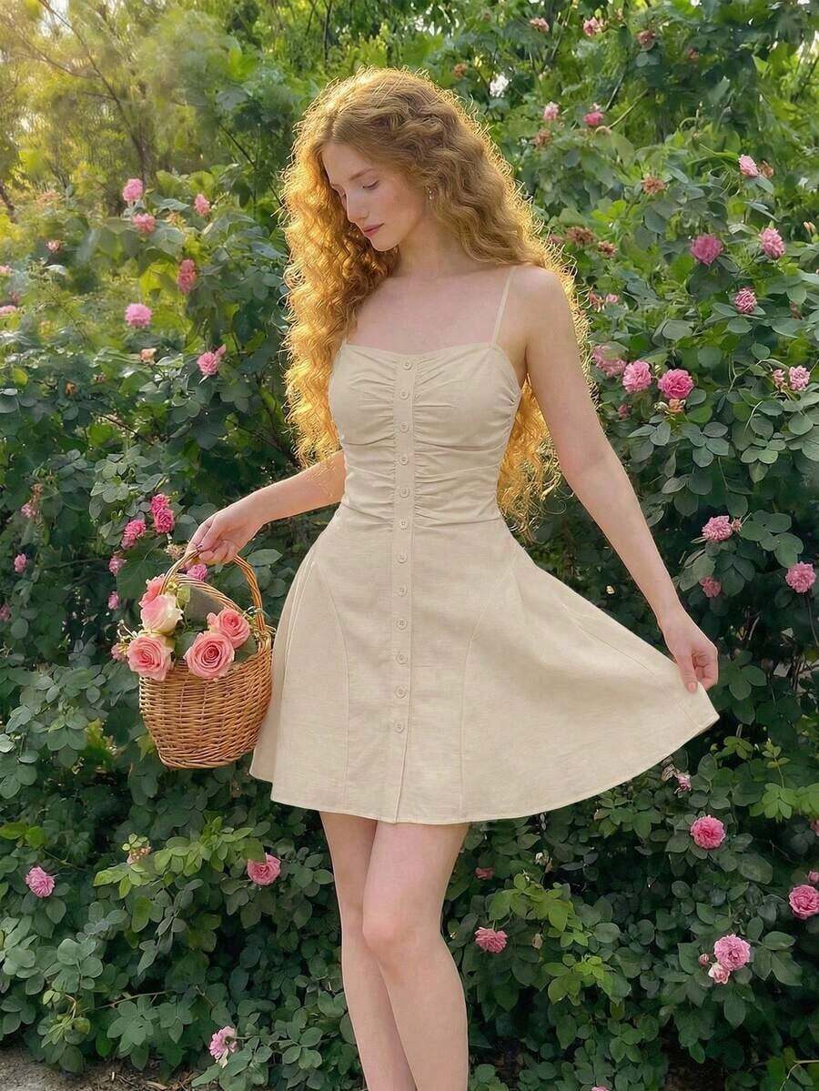 Vestido camisero corto con decoración de botones para mujer, amarillo pálido - Albaricoque - Ver 1