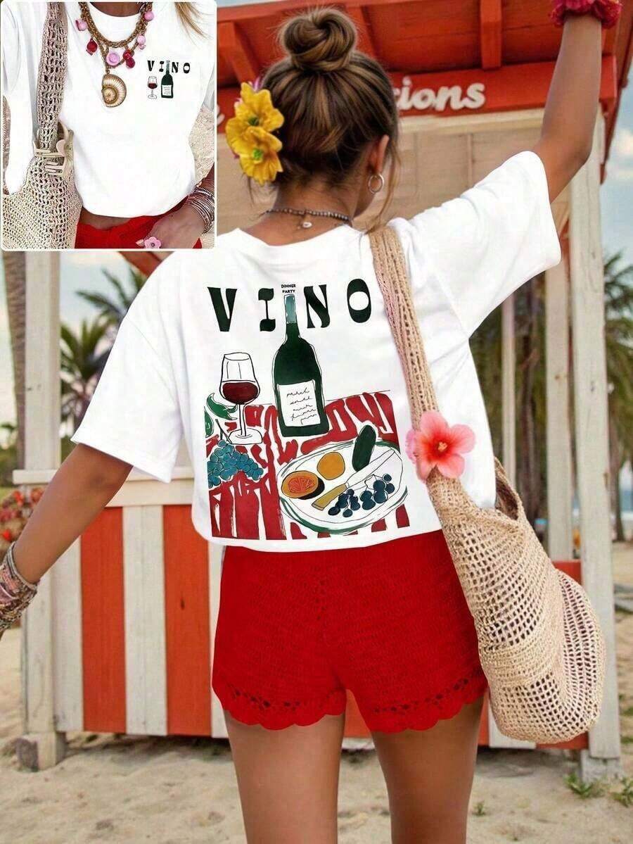 Short-Sleeve Round Neck DrmWander Women's Summer T-Shirt Set, Casual Resort Style With Print, Suitable For Spring And Summer, Travel And Tourism Option Women's Casual Blouses 100% Cotton - 白色 4 - 查看 1