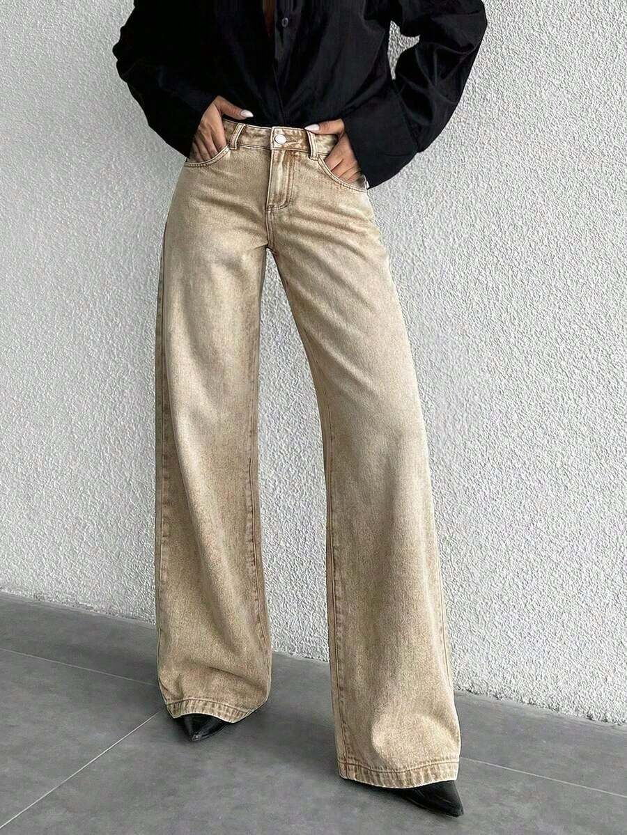 Jeans de mezclilla casual de cintura alta y pierna ancha lavados para mujeres - Caqui - Ver 1