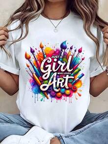 Women's T-Shirt With "Just A Girl Who Loves Art, Brushes And Colors" Print, Round Neck, Casual Summer Style, Gift For Artists - 白色 - 查看 1