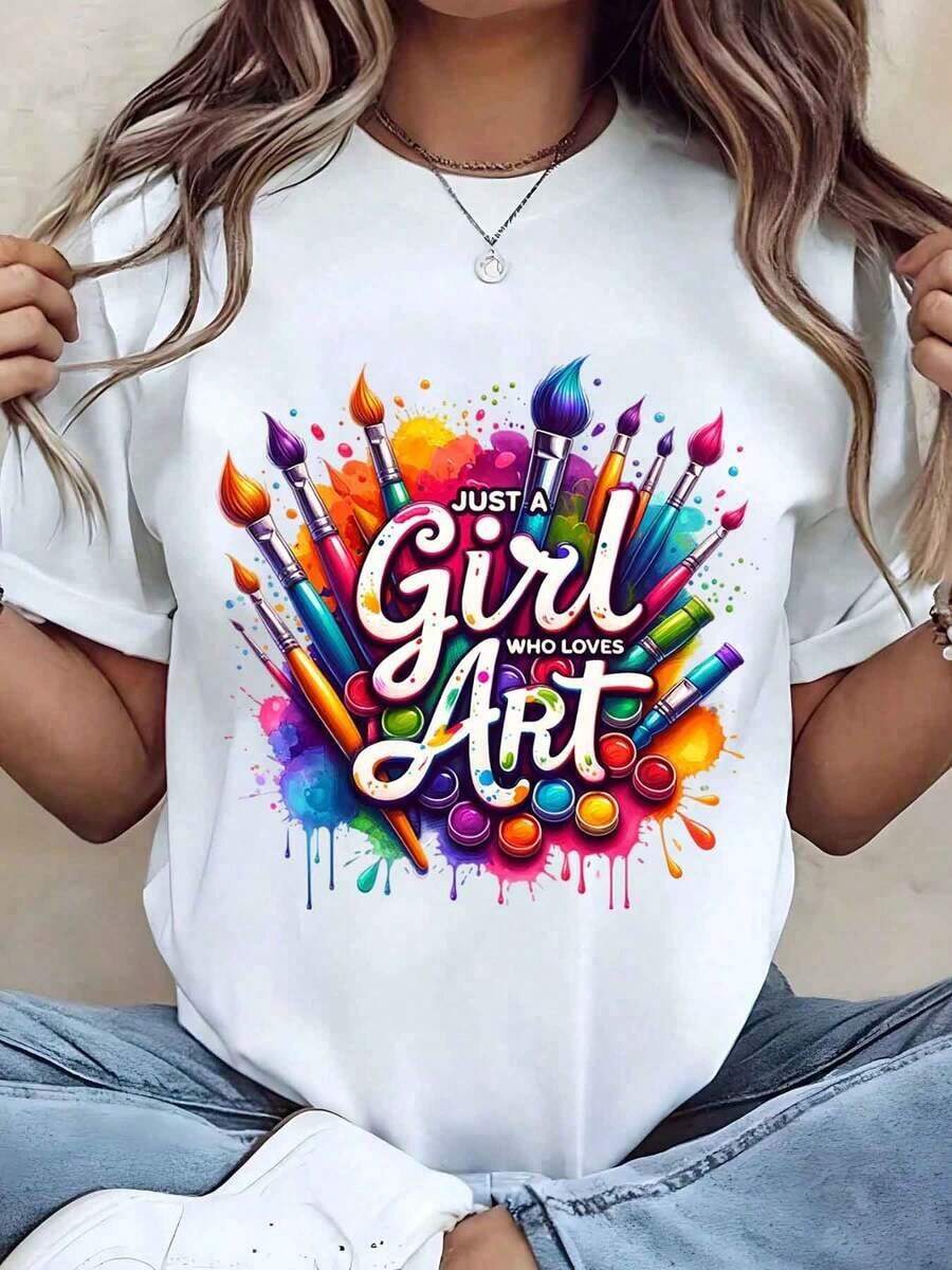 Women's T-Shirt With "Just A Girl Who Loves Art, Brushes And Colors" Print, Round Neck, Casual Summer Style, Gift For Artists - 白色 - 查看 1