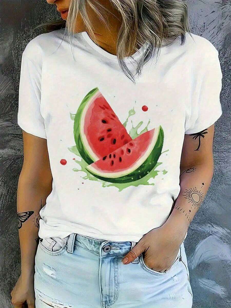 Camiseta Casual de Manga Corta para Mujer - Estampado de Rodaja de Sandía, Cuello Redondo, Tela Ligeramente Elástica y Transpirable, Lavable a Máquina, Camiseta para Primavera, Verano y Otoño, Diseño con Patrón de Frutas Brillantes, Camisa de Ajuste Cómodo y a la Moda - Estilo Vintage Urbano, Camiseta Unisex de Algodón Holgada de Manga Corta con Cuello Redondo. - 1111 - Ver 1