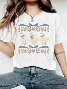 Cute 90s Vintage Goose Design T-Shirt, Comfortable Short Sleeve T-Shirt With Cartoon Letter Print, Suitable For Various Occasions, As A Gift For Festivals, Birthdays, Music Festivals, Casual And Versatile Wear, For Beach Vacations, Simple And Fashionable, Suitable For Daily Wear By Women And Girls. -High-Quality Breathable - 白色 - 查看 10
