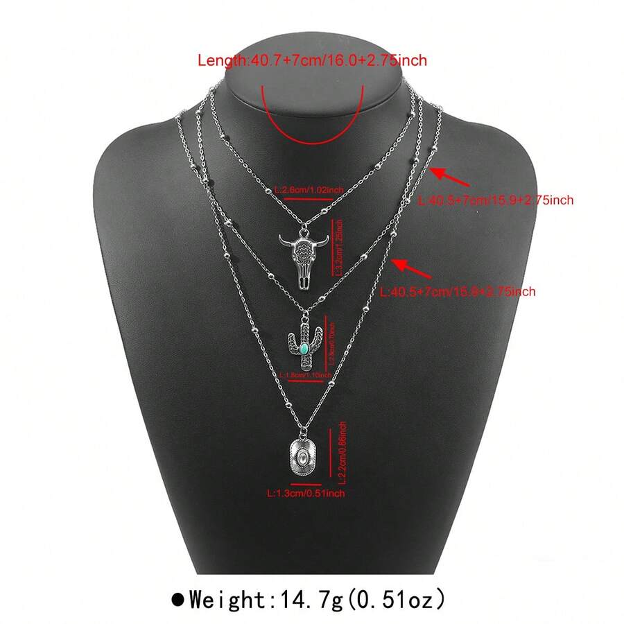 Mydear Set de 3 piezas de collar con colgante de estilo vaquero occidental vintage con cabeza de toro, cactus y sombrero de vaquero incrustados en aleación de turquesa, adecuado para uso diario y de fiesta de mujeres - traje - Ver 1