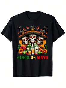 Unisex Black T-Shirt, Men's T-Shirt, Women's T-Shirt, Sugar Skull Design, Mexican Day Of The Dead Theme, Short Sleeve, Regular Fit, Pure Cotton, Printed Decorative Motifs, Ideal For Halloween, Christmas, Summer, 2026, Casual Gift, National Shipping - 黑色 - 查看 1