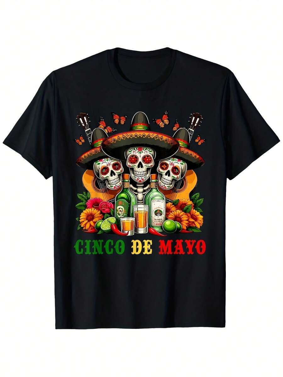 Unisex Black T-Shirt, Men's T-Shirt, Women's T-Shirt, Sugar Skull Design, Mexican Day Of The Dead Theme, Short Sleeve, Regular Fit, Pure Cotton, Printed Decorative Motifs, Ideal For Halloween, Christmas, Summer, 2026, Casual Gift, National Shipping - 黑色 - 查看 1