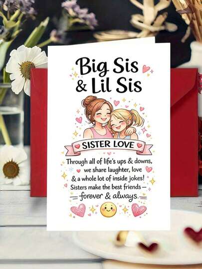 1 "Big Sister & Little Sister" Sisterhood Greeting Card With Envelope, A Thoughtful Gift For Sisters, Celebrating Lifelong Sisterly Bond, Suitable For Birthday And Special Occasions, Blank Inside