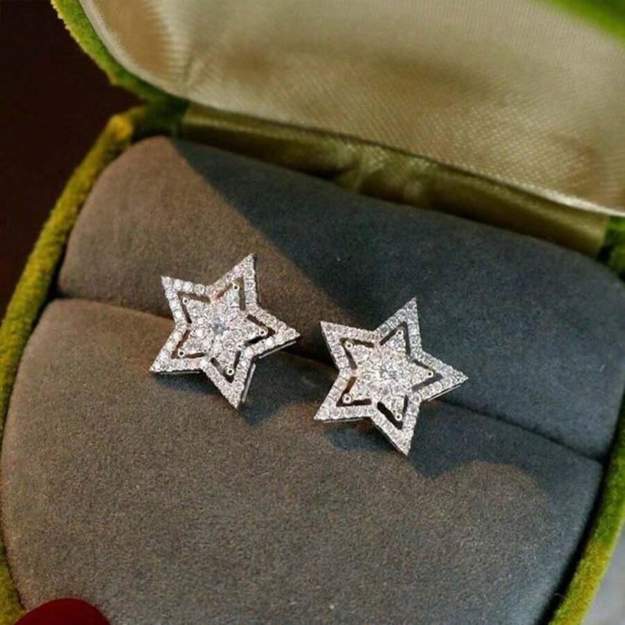 1 对闪亮星星耳环，镶嵌璀璨合成锆石，时尚前卫的个性化珠宝，魅力十足。 - 銀色的 - 查看 1