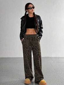 Pantalones rectos de cintura alta con estampado de leopardo retro, cintura elástica con cordón, estilo callejero casual de chica americana, para primavera y otoño - Multicolor 2 - Ver 6